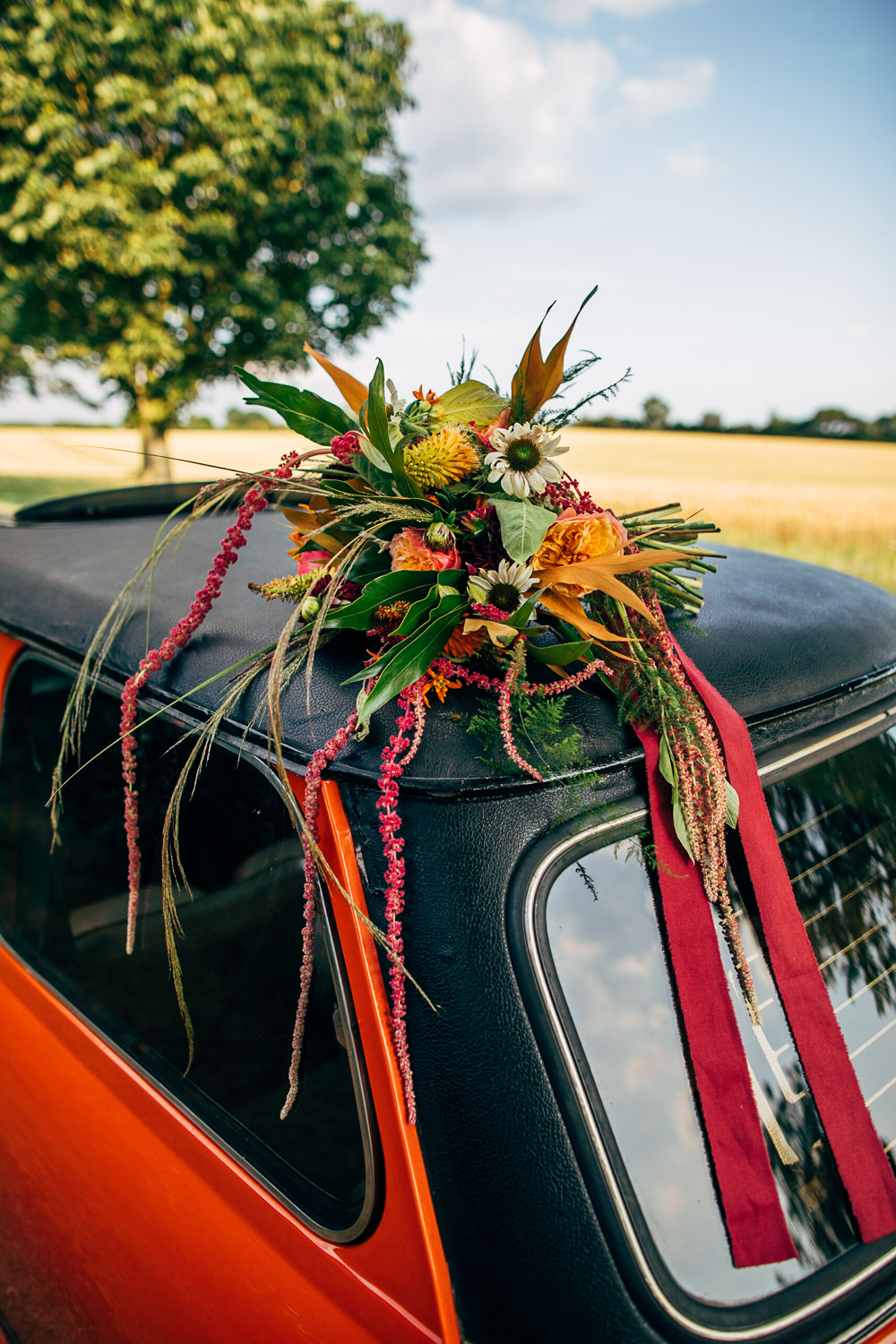 Bouquet Flowers Bride Bridal Autumn Dahlias Orchids Echinacea Rose Red Hot Pokers Butterflyweed Amaranthus Menthe Grevillea Asparagus Ferns Retro Wedding Ideas Emily Little Wedding Photography