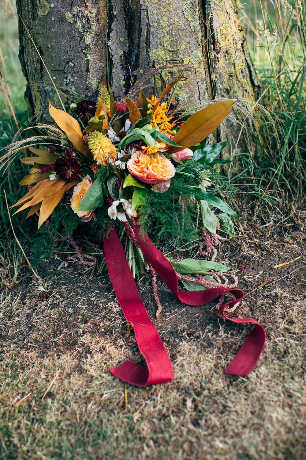 Bouquet Flowers Bride Bridal Autumn Dahlias Orchids Echinacea Rose Red Hot Pokers Butterflyweed Amaranthus Menthe Grevillea Asparagus Ferns Retro Wedding Ideas Emily Little Wedding Photography