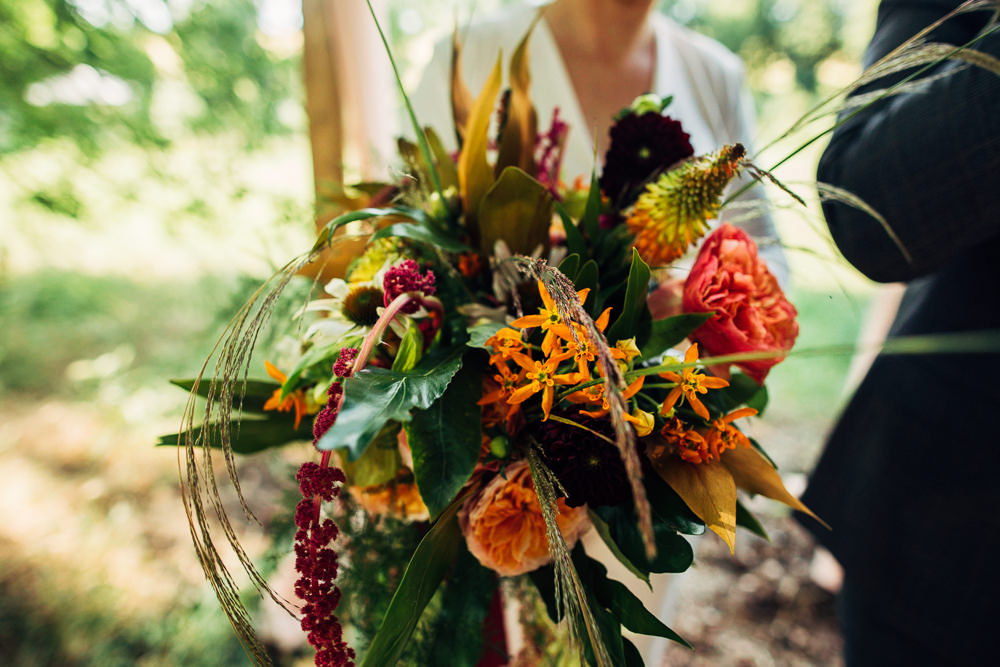 Bouquet Flowers Bride Bridal Autumn Dahlias Orchids Echinacea Rose Red Hot Pokers Butterflyweed Amaranthus Menthe Grevillea Asparagus Ferns Retro Wedding Ideas Emily Little Wedding Photography