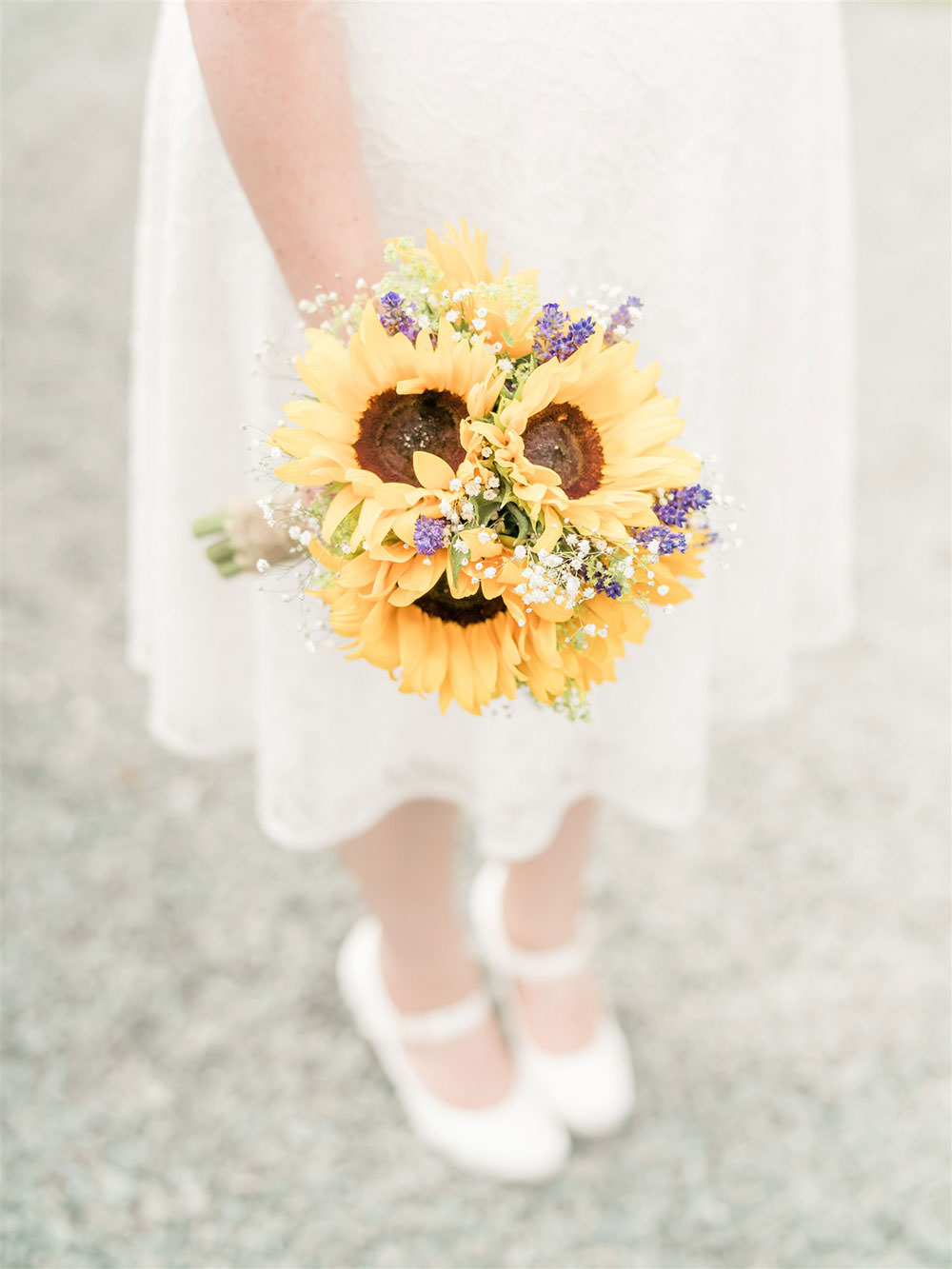 Bride Bridal Sunflower Gypsophila Bouquet Surprise Wedding Carn Patrick Photography