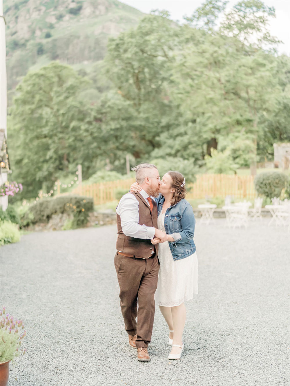 Bride Bridal Long Sleeve Tea Length Dress Lace Slaters Tweed Three Piece Suit Waistcoat Groom Denim Jacket Surprise Wedding Carn Patrick Photography