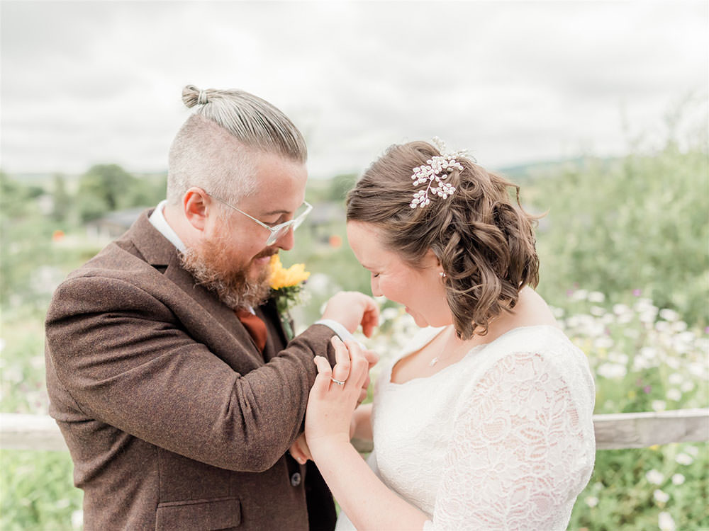 Bride Bridal Long Sleeve Tea Length Dress Lace Slaters Tweed Three Piece Suit Waistcoat Groom Surprise Wedding Carn Patrick Photography
