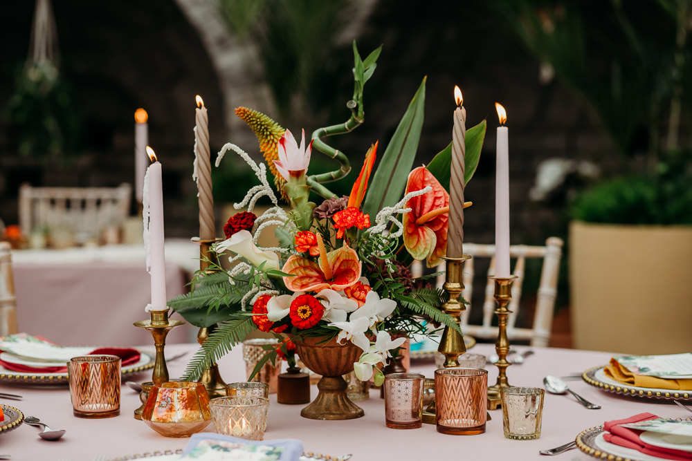Flower Arrangement Candles Centrepiece Metal Palm Leaf Birds of Paradise Protea Hanging Orchids Anthurium Tropical Wedding Ideas When Charlie Met Hannah