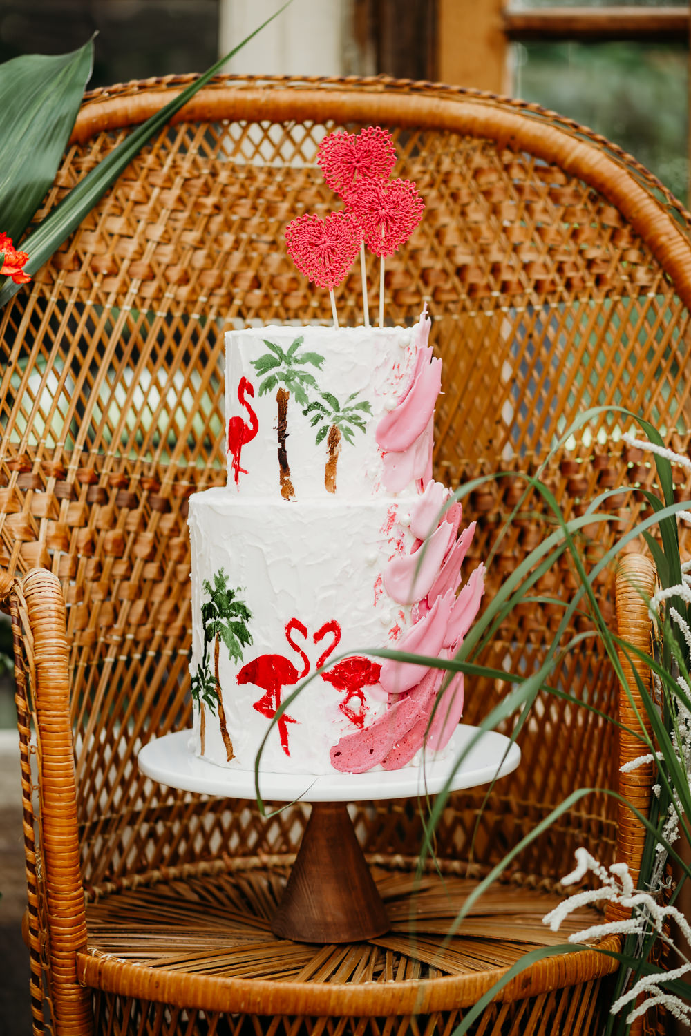 Cake Buttercream Flamingos Brush Strokes Palm Trees Crochet Heart Topper Tropical Wedding Ideas When Charlie Met Hannah