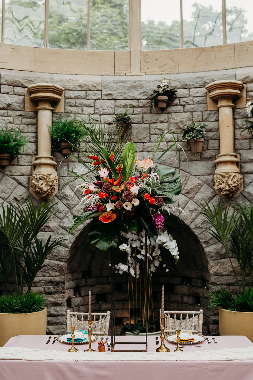 Flower Arrangement Tall Centrepiece Metal Palm Leaf Birds of Paradise Protea Hanging Orchids Anthurium Tropical Wedding Ideas When Charlie Met Hannah