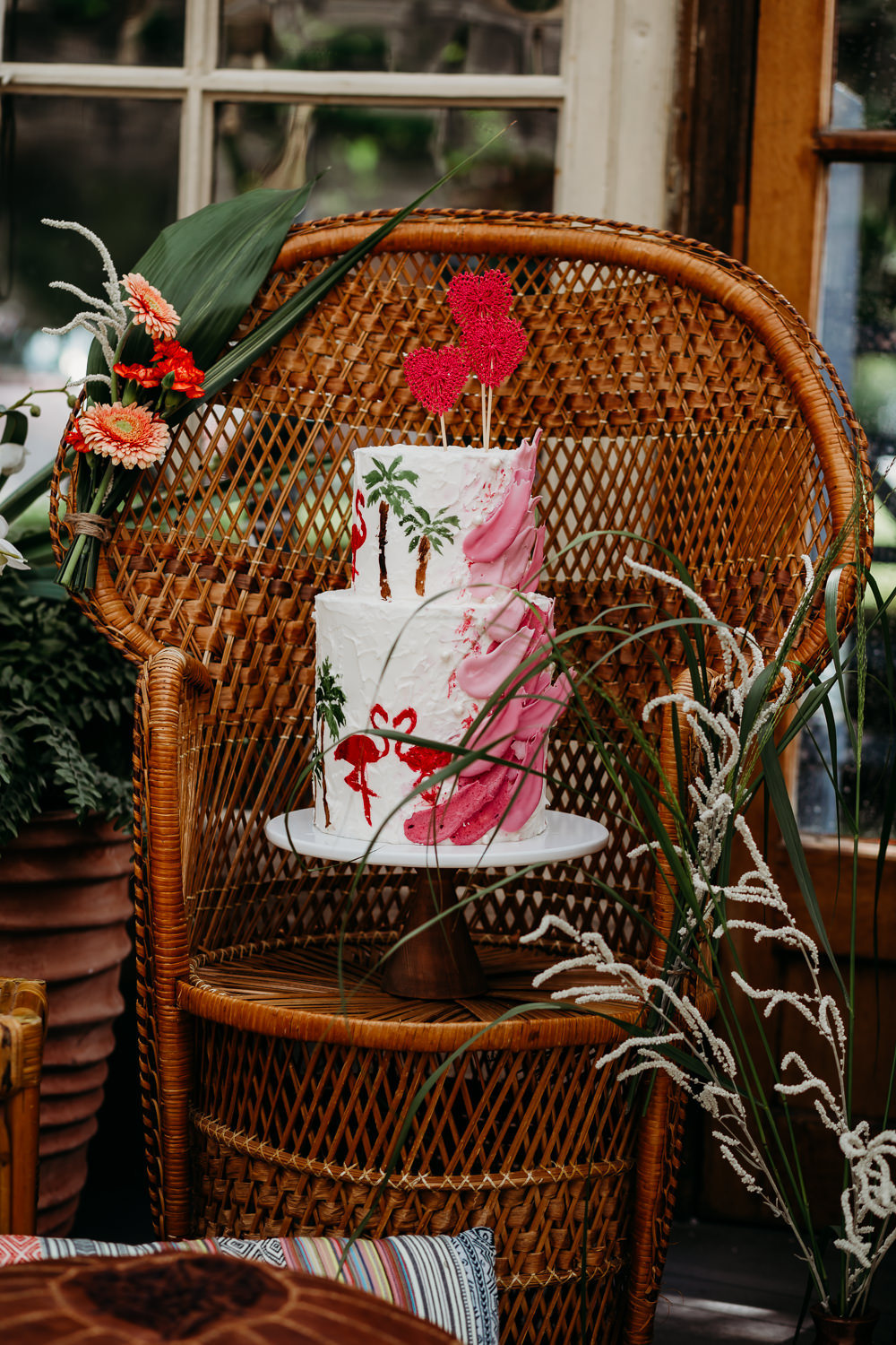 Cake Buttercream Flamingos Brush Strokes Palm Trees Crochet Heart Topper Tropical Wedding Ideas When Charlie Met Hannah