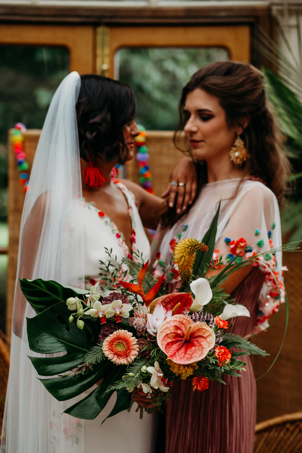 Flower Bouquet Bride Bridal Palm Leaf Birds of Paradise Protea Orchids Anthurium Lily Tropical Wedding Ideas When Charlie Met Hannah
