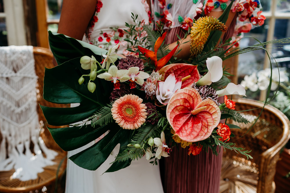 Flower Bouquet Bride Bridal Palm Leaf Birds of Paradise Protea Orchids Anthurium Lily Tropical Wedding Ideas When Charlie Met Hannah