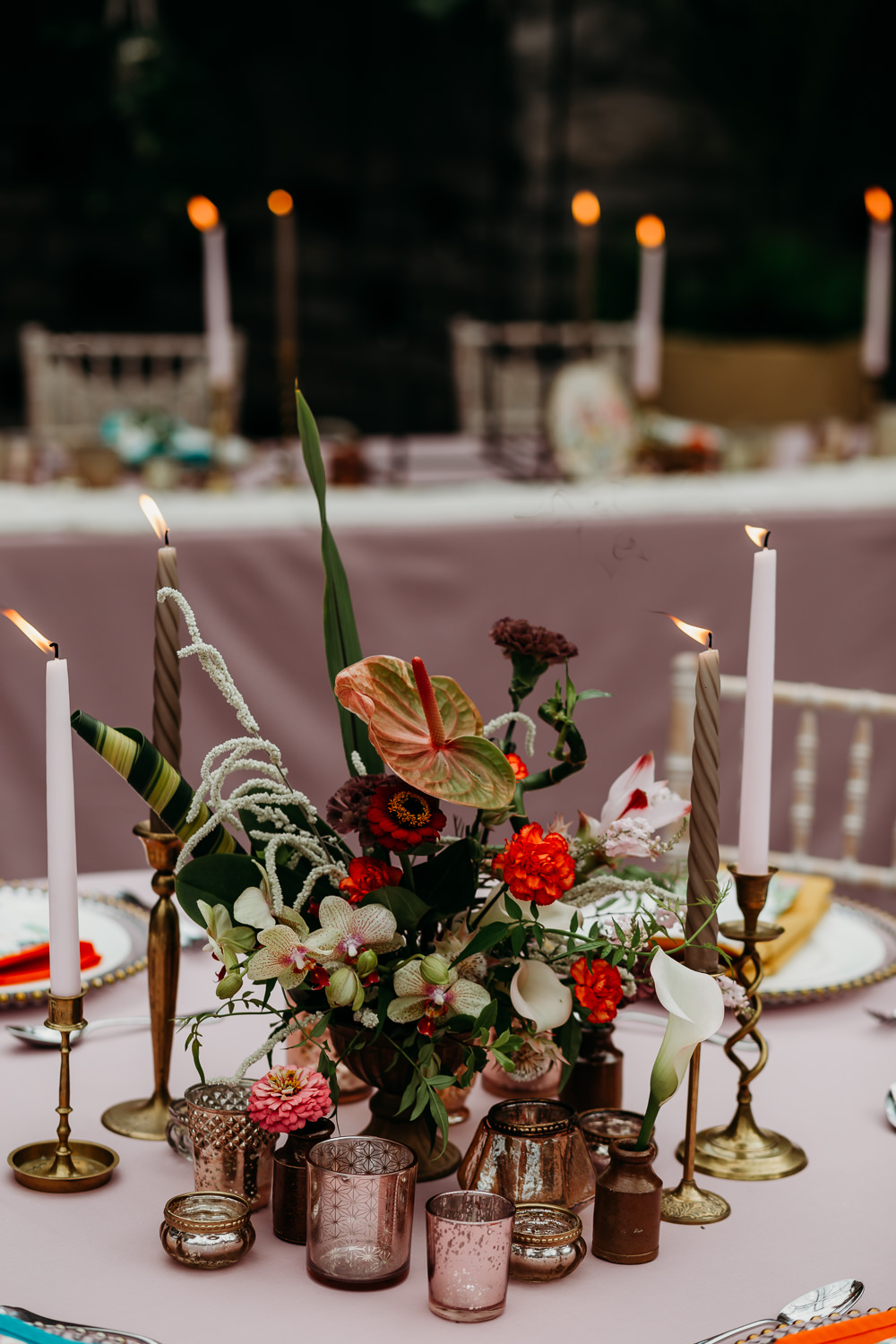 Flower Arrangement Candles Centrepiece Metal Palm Leaf Birds of Paradise Protea Hanging Orchids Anthurium Tropical Wedding Ideas When Charlie Met Hannah