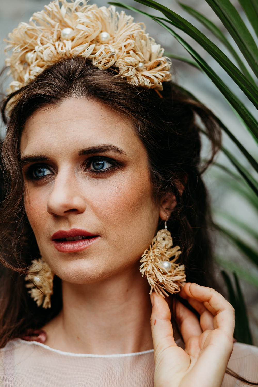 Bride Bridal Crown Tiara Earrings Gold Make Up Raffia Tropical Wedding Ideas When Charlie Met Hannah