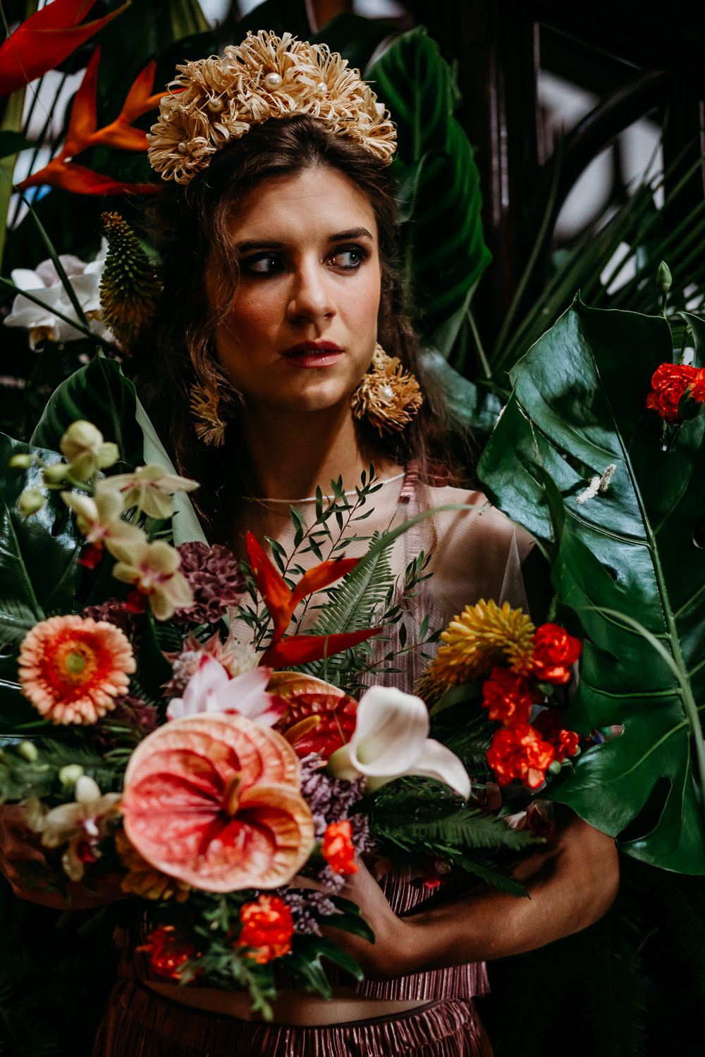 Tropical Wedding Ideas When Charlie Met Hannah Flower Bouquet Bride Bridal Palm Leaf Birds of Paradise Protea Orchids Anthurium Lily