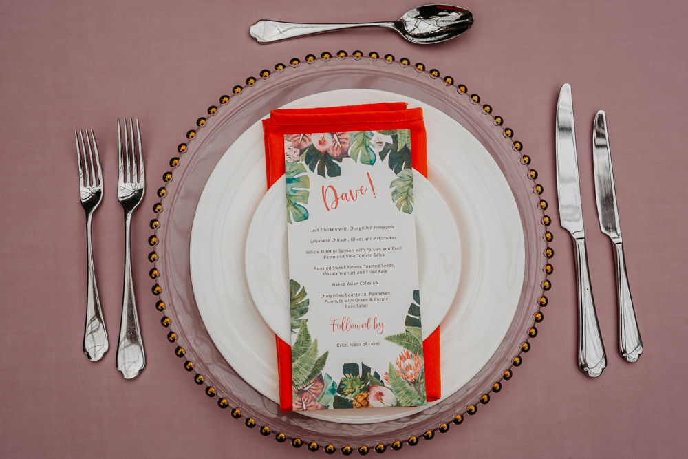 Place Setting Menu Plates Tropical Wedding Ideas When Charlie Met Hannah