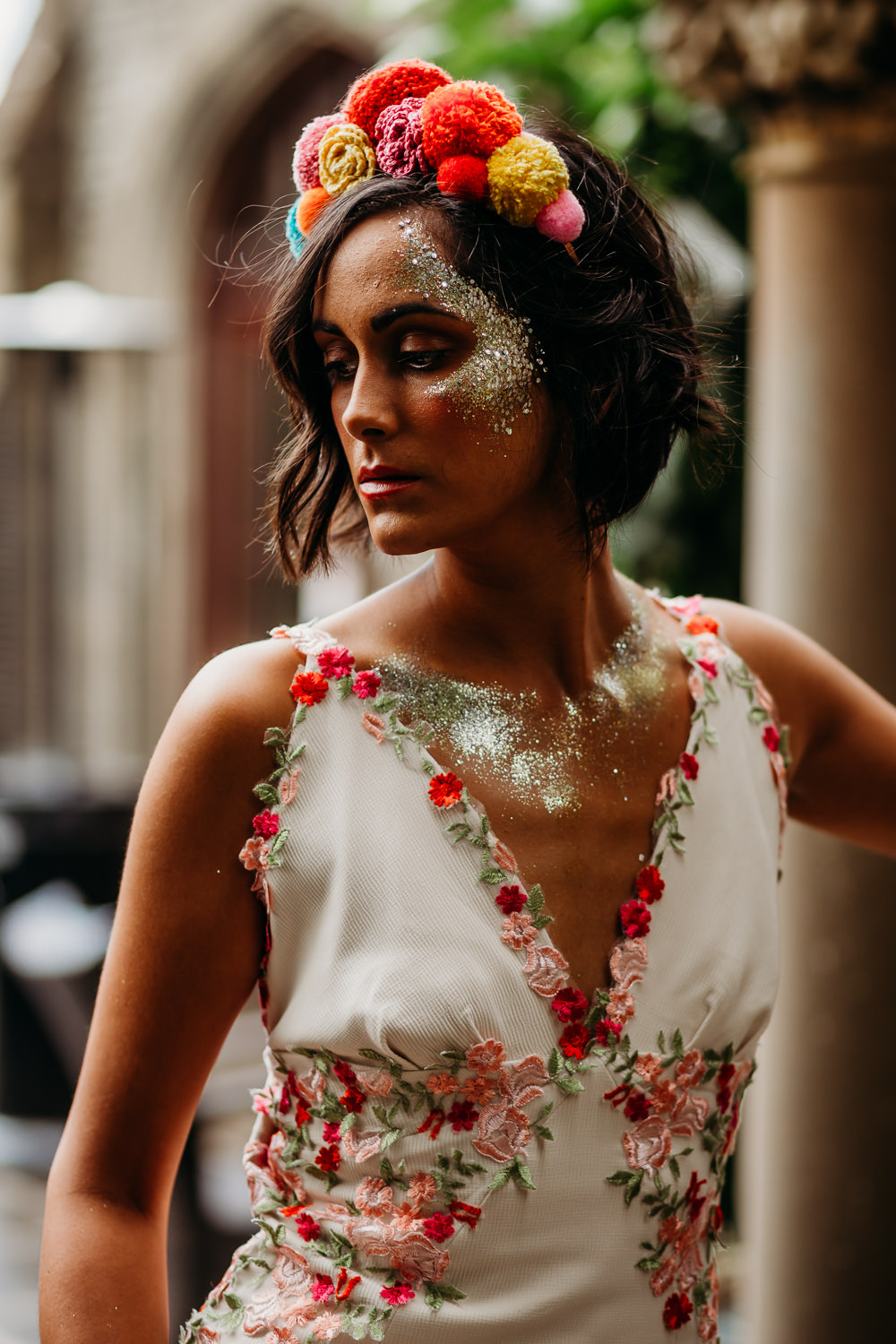 Bride Bridal Glitter Make Up Pom Pom Crown Tiara Tropical Wedding Ideas When Charlie Met Hannah