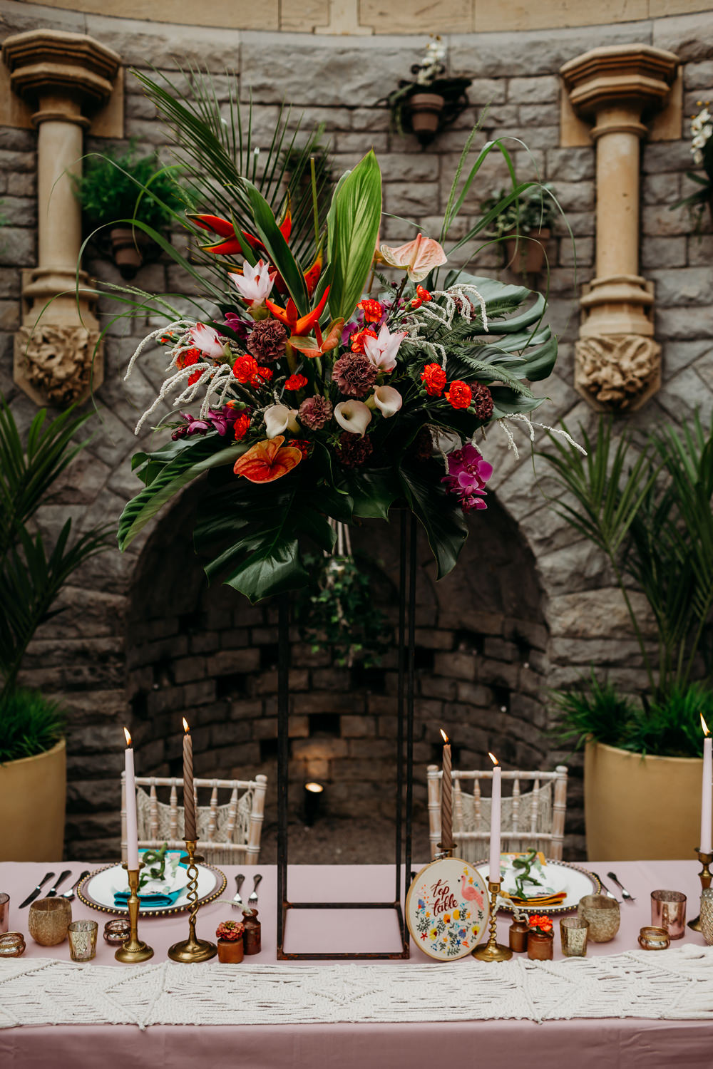 Flower Arrangement Tall Centrepiece Metal Palm Leaf Birds of Paradise Protea Hanging Orchids Anthurium Tropical Wedding Ideas When Charlie Met Hannah