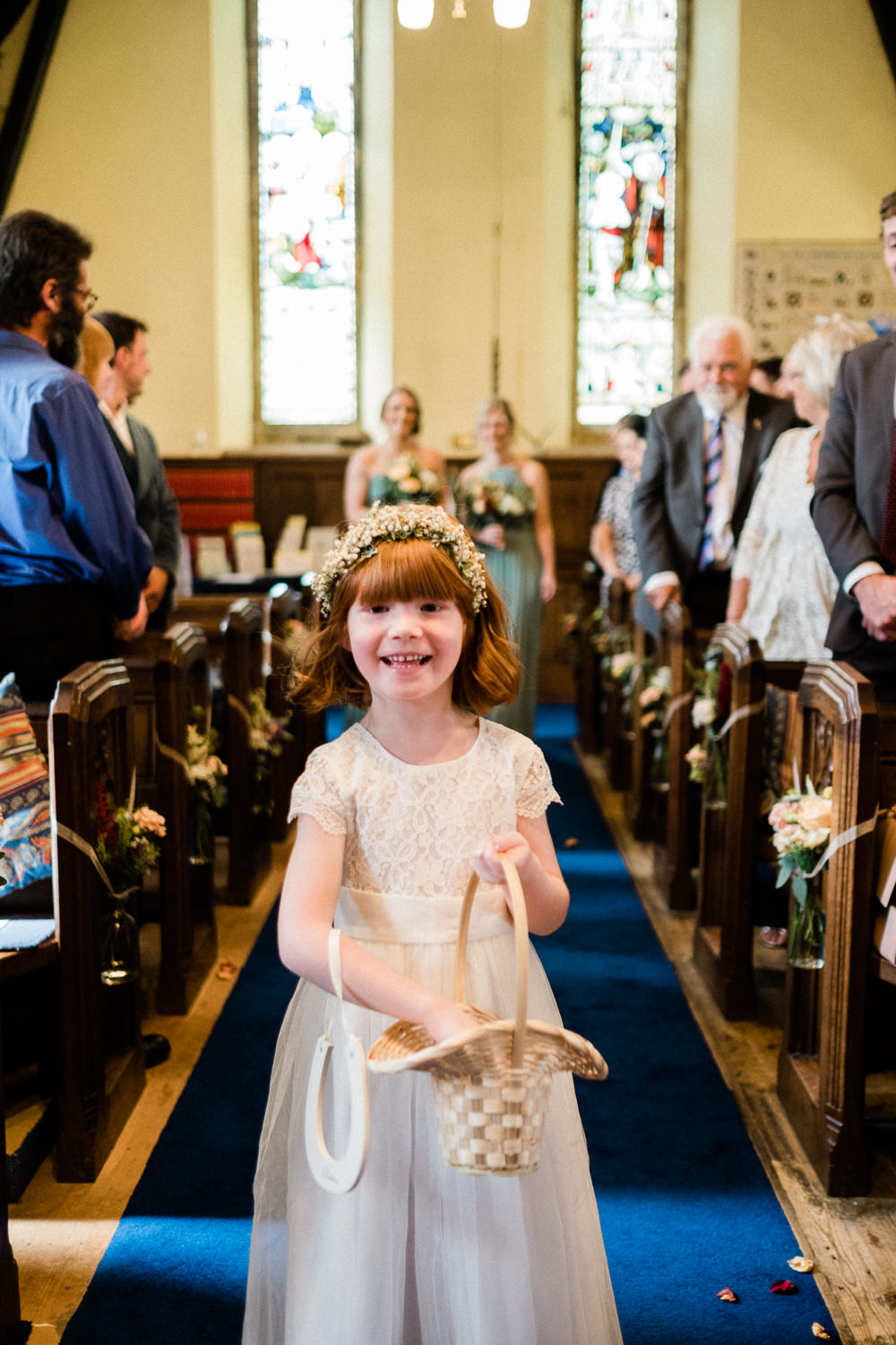 Flower Girl White Lace Dress Gypsophila Crown Basket Utopia Broughton Hall Wedding Christopher Thomas Photography
