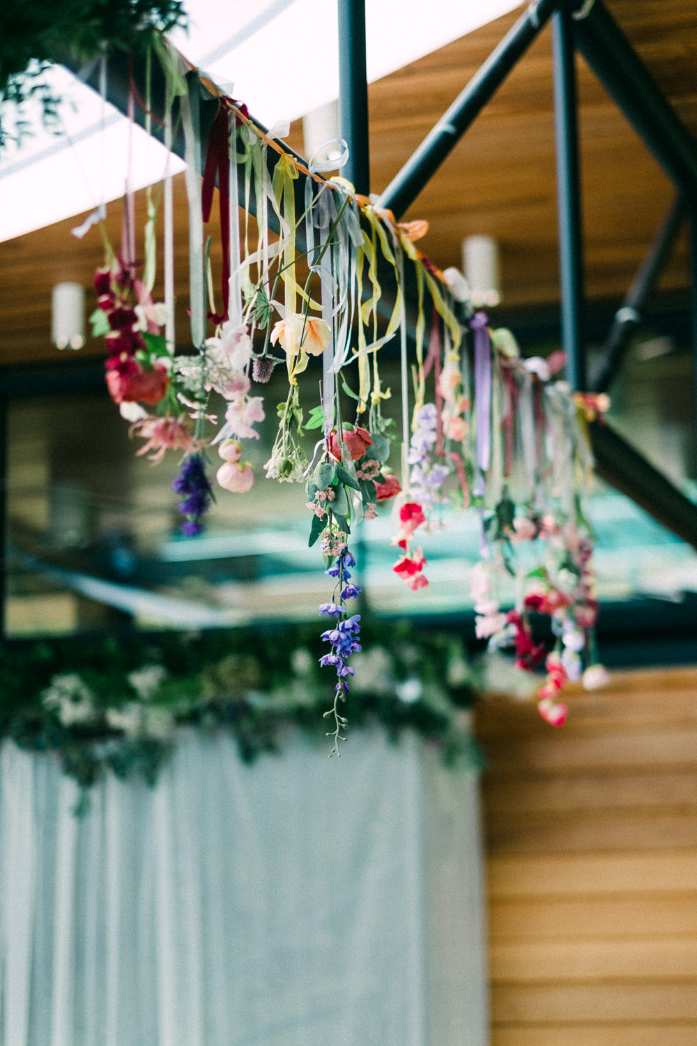 Hanging Florals Flowers Wildflower Ribbon Utopia Broughton Hall Wedding Christopher Thomas Photography