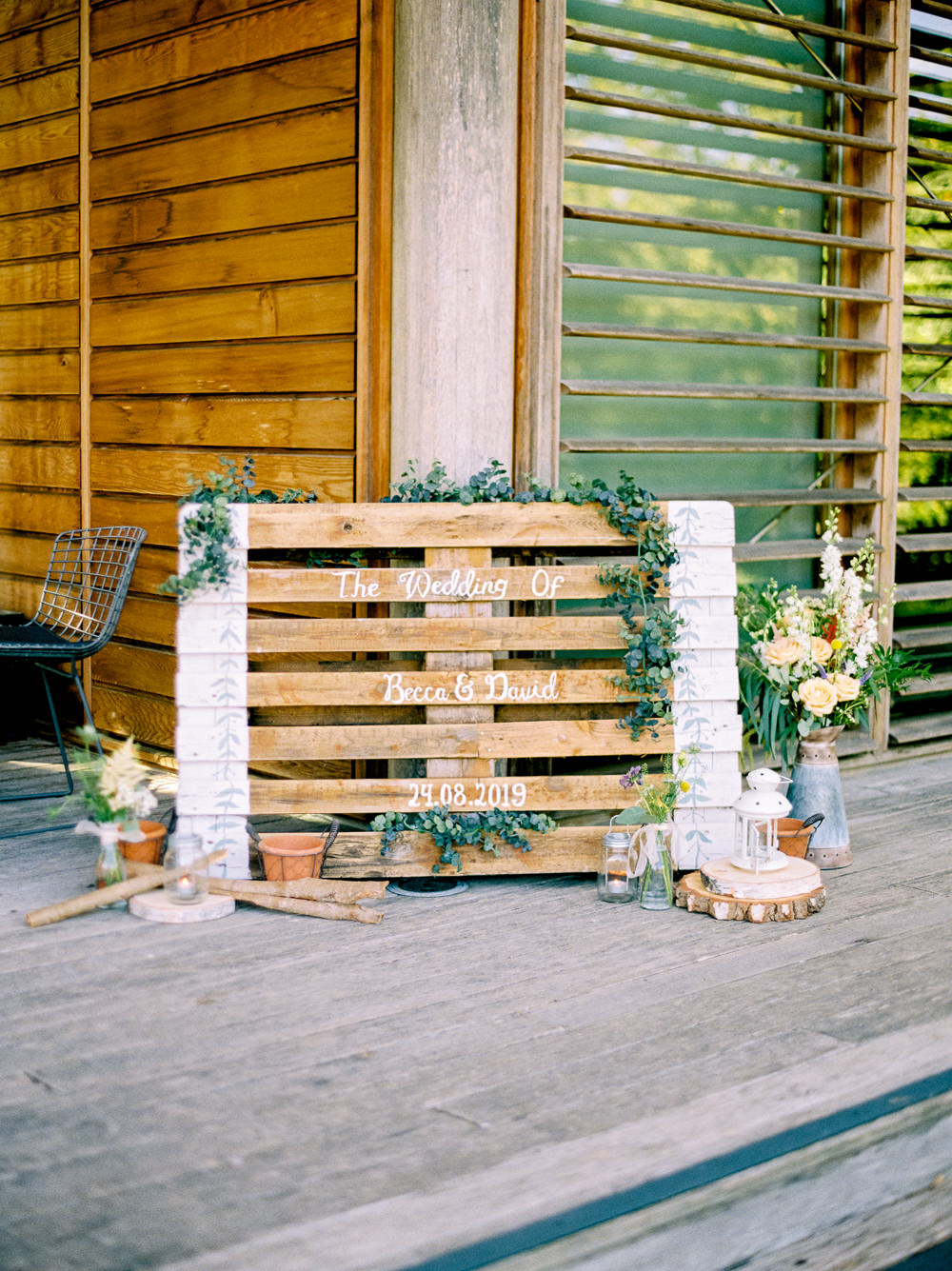 Pallet Sign Welcome Wooden Foliage Flowers Floral Utopia Broughton Hall Wedding Christopher Thomas Photography