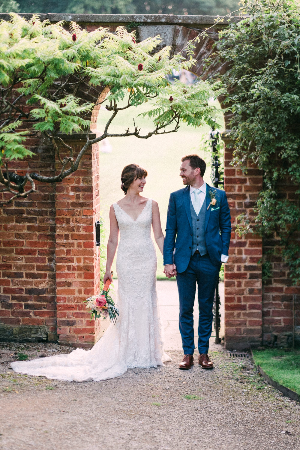 Bride Bridal Low V Neck Back Gown Dress Navy Three Piece Waistcoat Suit Groom Utopia Broughton Hall Wedding Christopher Thomas Photography