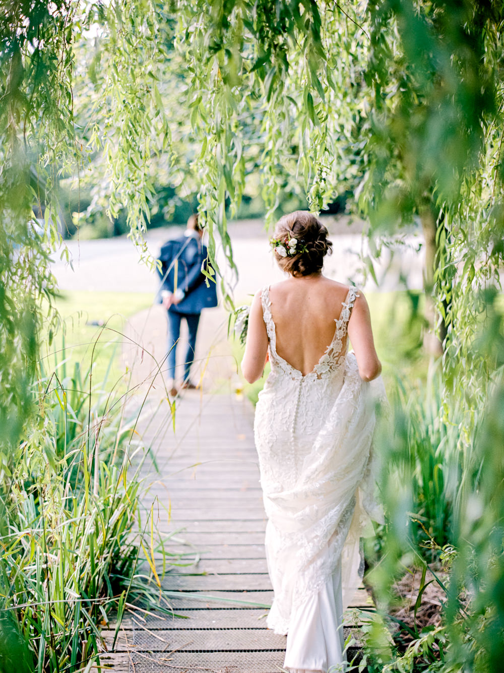 Bride Bridal Low V Neck Back Gown Dress Navy Three Piece Waistcoat Suit Groom Utopia Broughton Hall Wedding Christopher Thomas Photography