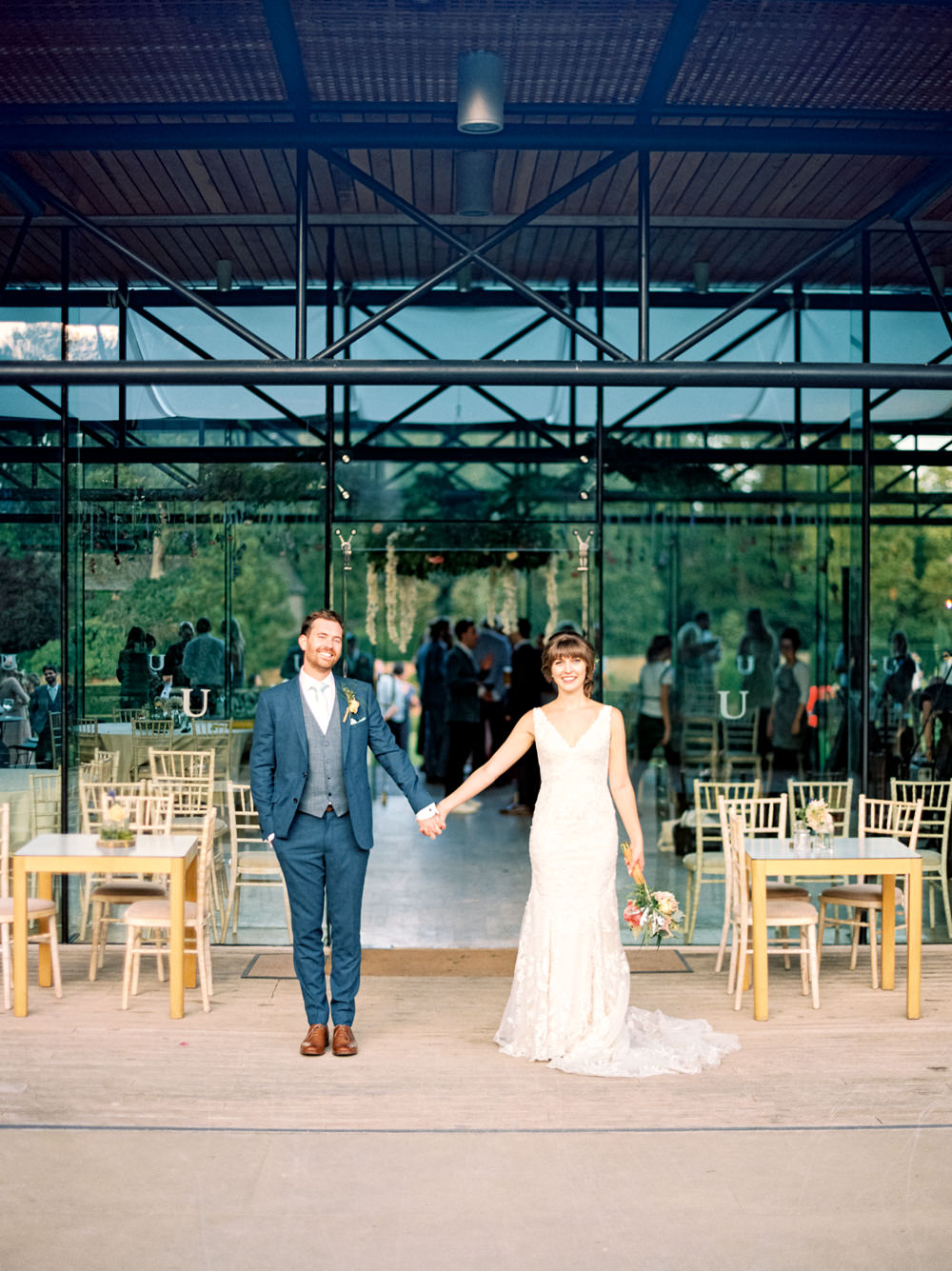 Bride Bridal Low V Neck Back Gown Dress Navy Three Piece Waistcoat Suit Groom Bouquet Utopia Broughton Hall Wedding Christopher Thomas Photography