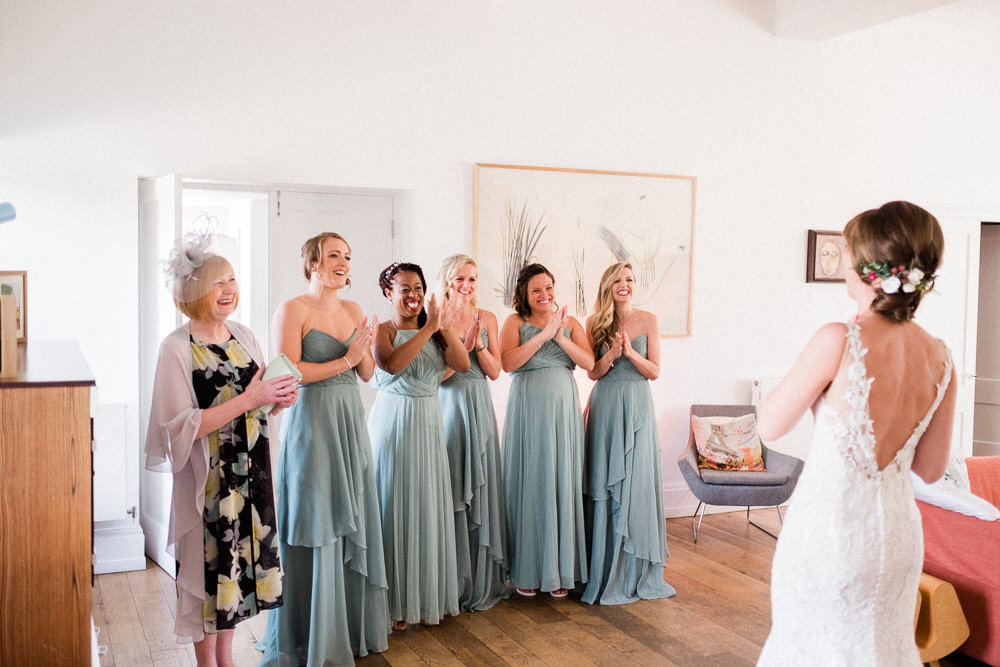 Bridesmaids Mismatched Teal Maxi Dress Bride Bridal Low V Back Gown Lace Utopia Broughton Hall Wedding Christopher Thomas Photography