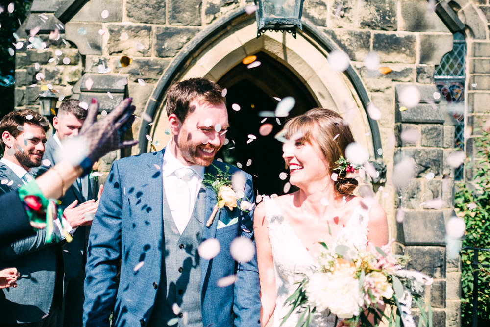 Bride Bridal Low V Neck Back Gown Dress Navy Three Piece Waistcoat Suit Groom Confetti Utopia Broughton Hall Wedding Christopher Thomas Photography