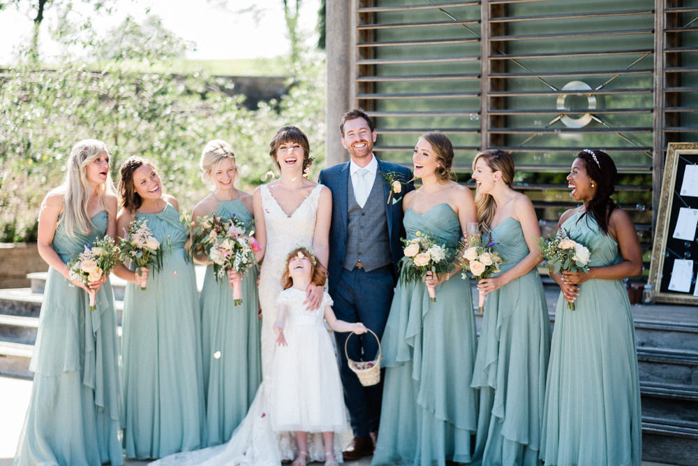 Mismatched Sage Teal Bridesmaids Dress Gown Flower Girl Bride Utopia Broughton Hall Wedding Christopher Thomas Photography
