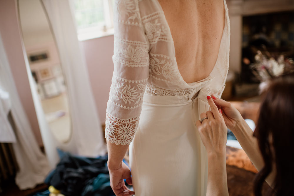 Dress Gown Bride Bridal Laure de Sagazan Lace Long Sleeves Open Back Voewood Wedding Ellie Gillard Photography