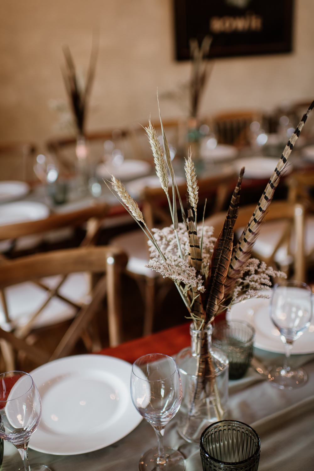 Grass Wheat Feather Table Centrepiece Flowers Bottles Decor Voewood Wedding Ellie Gillard Photography