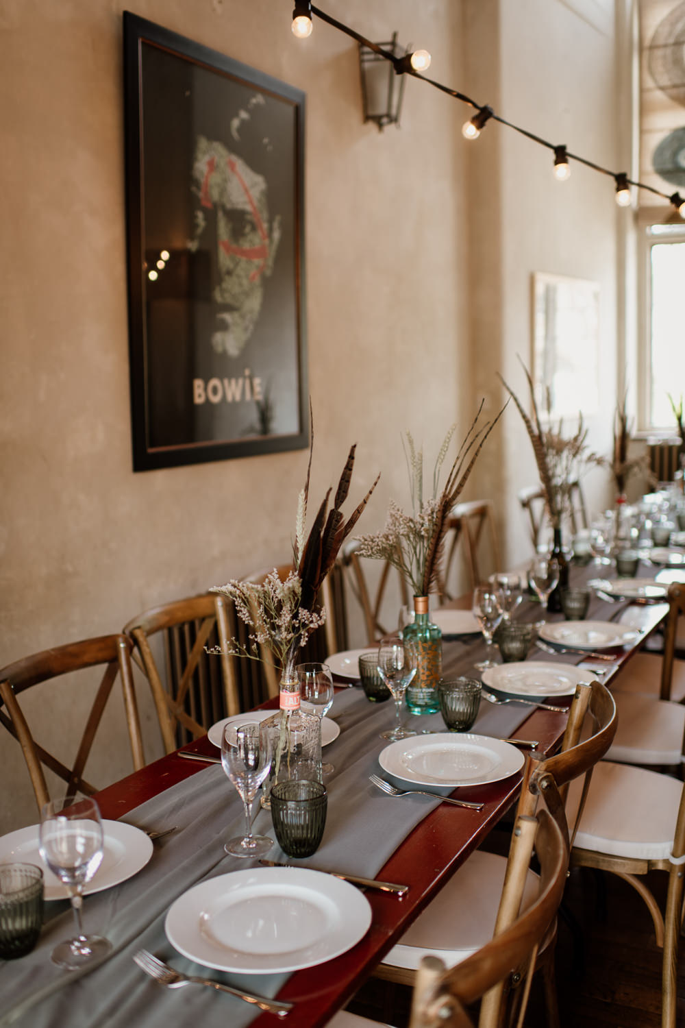 Grass Wheat Feather Table Centrepiece Flowers Bottles Decor Voewood Wedding Ellie Gillard Photography
