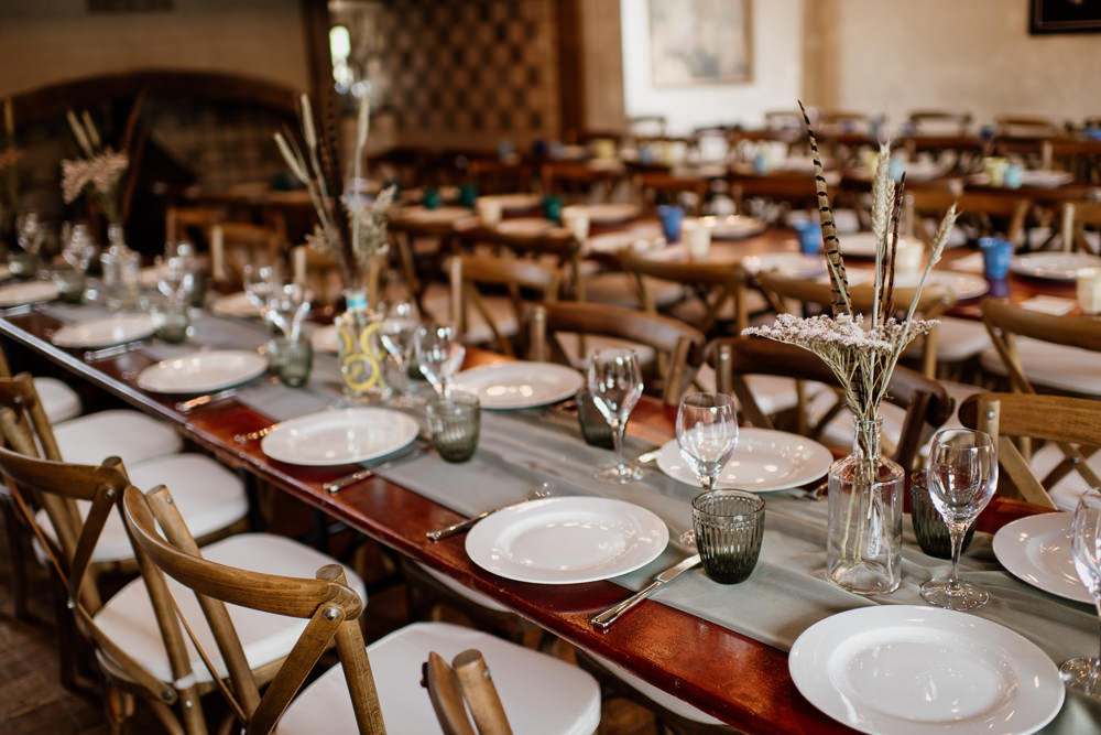 Grass Wheat Feather Table Centrepiece Flowers Bottles Decor Voewood Wedding Ellie Gillard Photography
