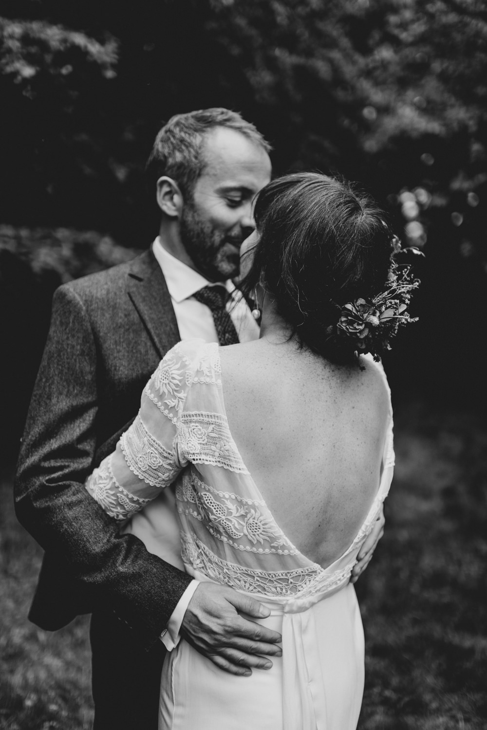 Dress Gown Bride Bridal Laure de Sagazan Lace Long Sleeves Open Back Voewood Wedding Ellie Gillard Photography