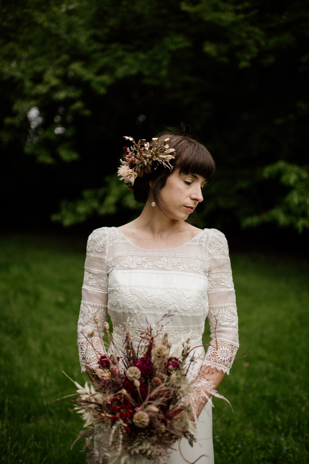 Dress Gown Bride Bridal Laure de Sagazan Lace Long Sleeves Open Back Voewood Wedding Ellie Gillard Photography