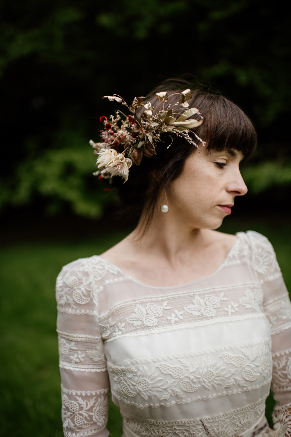 Hair Style Up Do Bride Bridal Headdress Flower Crown Dried Flowers Seed Heads Grasses Voewood Wedding Ellie Gillard Photography