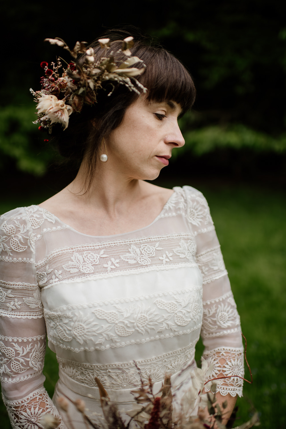 Hair Style Up Do Bride Bridal Headdress Flower Crown Dried Flowers Seed Heads Grasses Voewood Wedding Ellie Gillard Photography