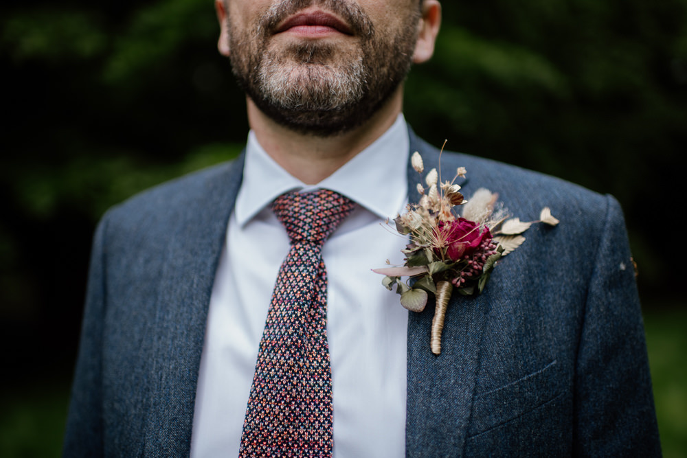 Groom Suit Blue Tweed Buttonhole Dried Flowers Tie Voewood Wedding Ellie Gillard Photography