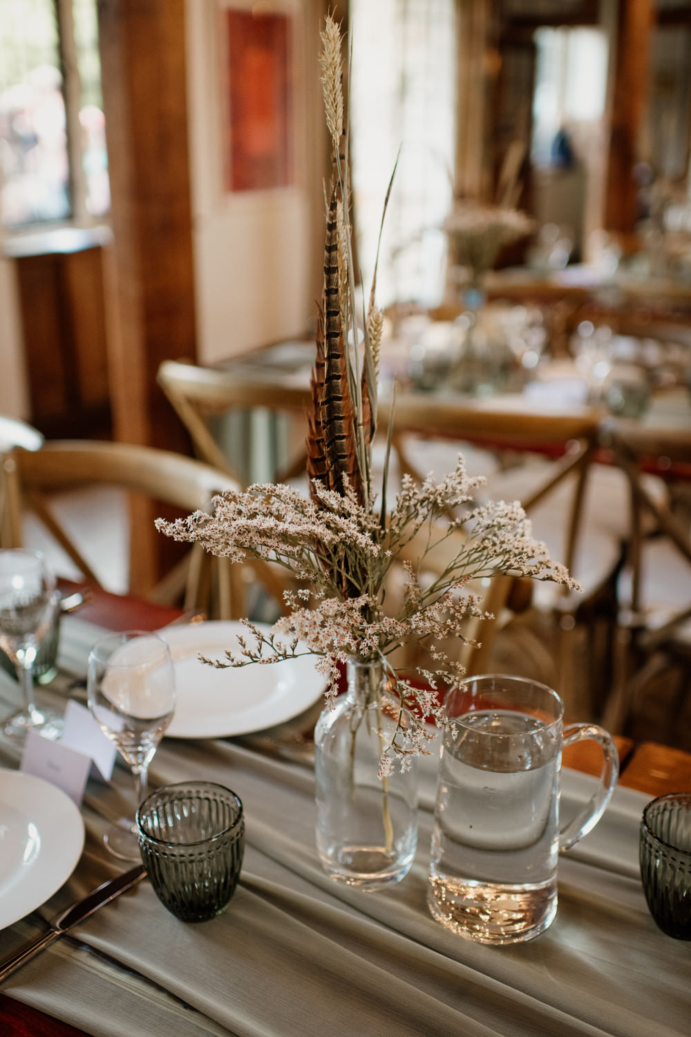 Grass Wheat Feather Table Centrepiece Flowers Bottles Decor Voewood Wedding Ellie Gillard Photography
