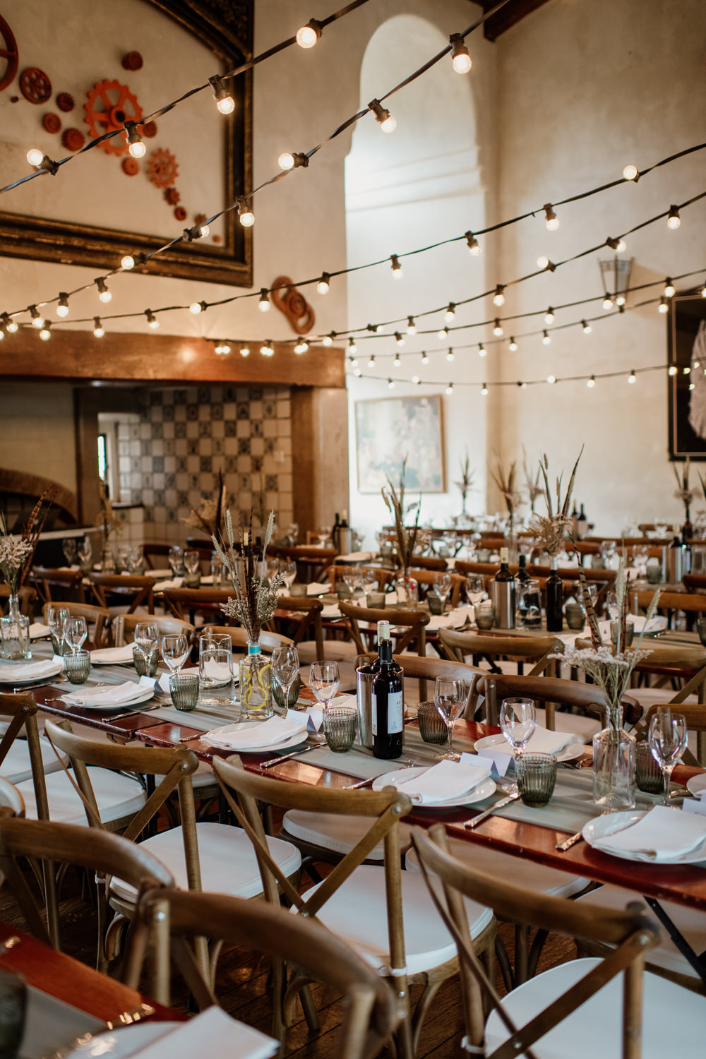 Festoon Lights Long Tables Decor Eco Friendly Sustainable Voewood Wedding Ellie Gillard Photography