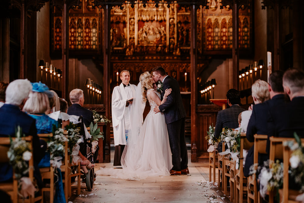Bride Bridal Blush Embroidered Floral Strappy V Neck Tulle Dress Gown Tweed Suit Groom Willingale Village Hall Wedding Photographer Liam Gillan