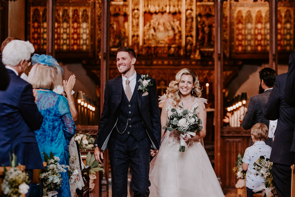Bride Bridal Blush Embroidered Floral Strappy V Neck Tulle Dress Gown Tweed Suit Groom Willingale Village Hall Wedding Photographer Liam Gillan