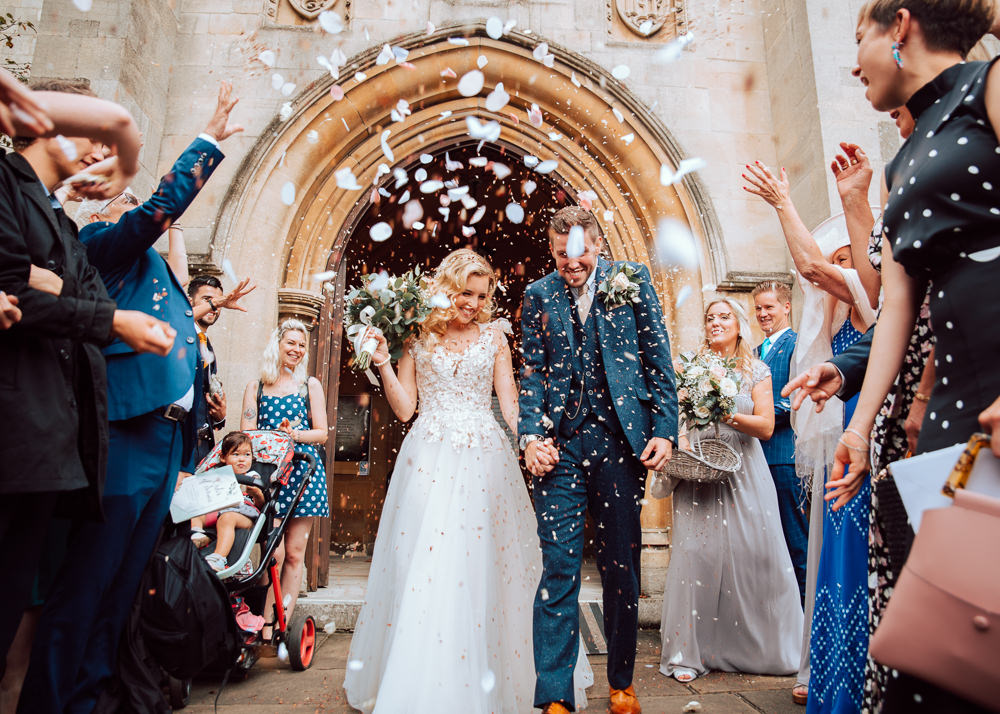 Bride Bridal Blush Embroidered Floral Strappy V Neck Tulle Dress Gown Tweed Suit Groom Confetti Willingale Village Hall Wedding Photographer Liam Gillan