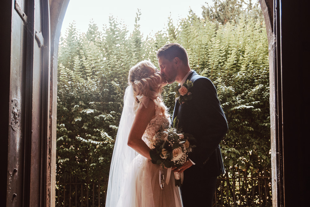 Bride Bridal Blush Embroidered Floral Strappy V Neck Tulle Dress Gown Tweed Suit Groom Bouquet Willingale Village Hall Wedding Photographer Liam Gillan