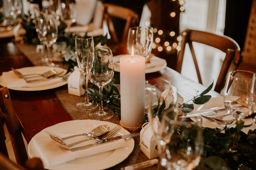 Dining Greenery Foliage Runner Candles Willingale Village Hall Wedding Photographer Liam Gillan