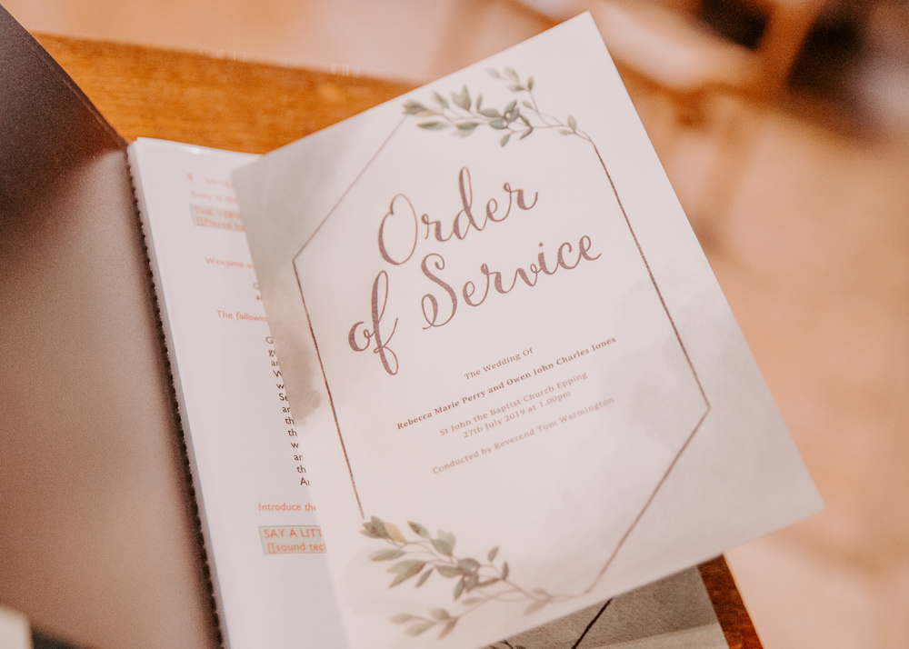 Stationery Order of Service Blush Willingale Village Hall Wedding Photographer Liam Gillan
