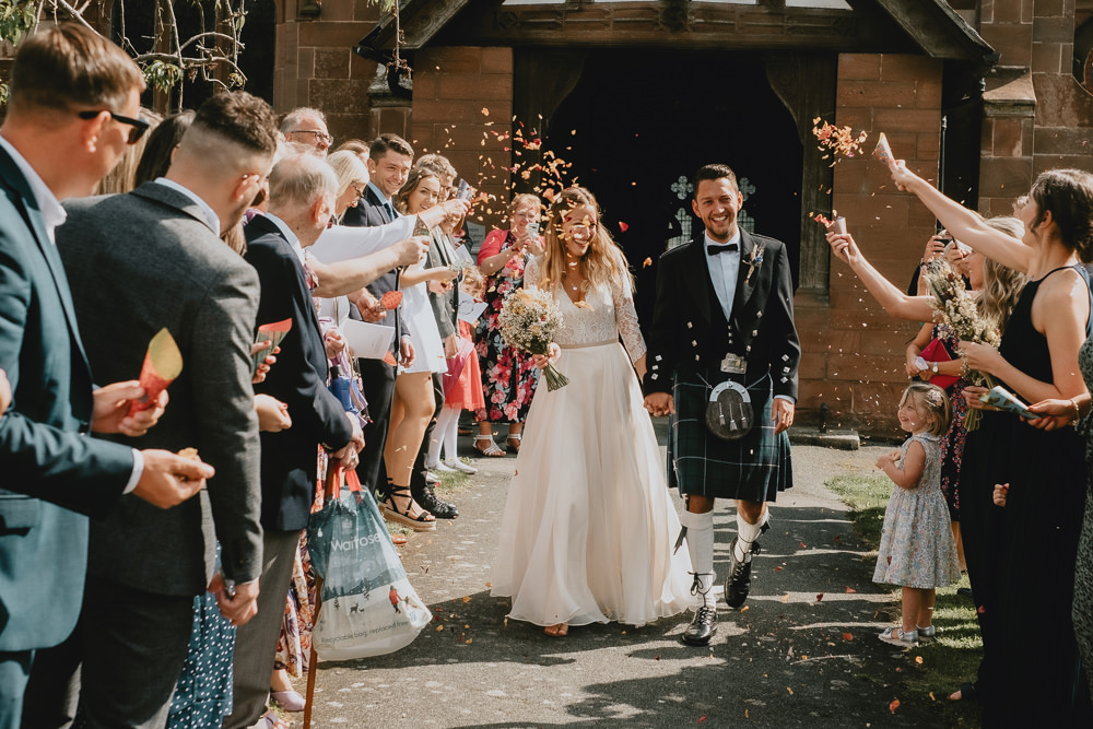 Bride Bridal V Beck Lace Long Sleeve Dress Gown Ribbon Belt Kilt Groom Dried Flower Wheat Bouquet Confetti Woodland Tipi Wedding Caroline Goosey Photography