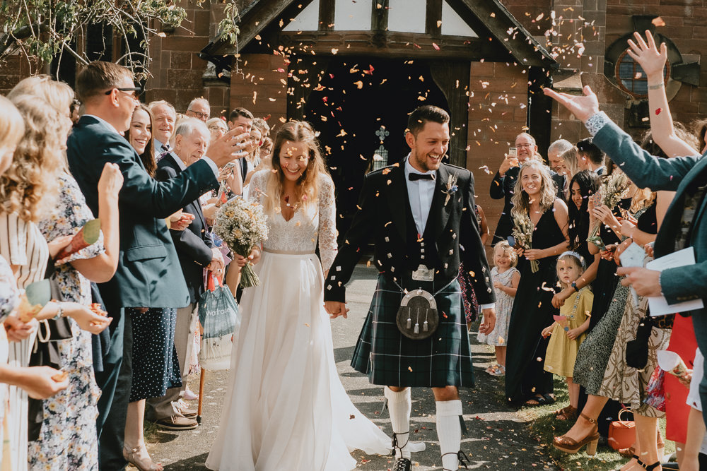 Bride Bridal V Beck Lace Long Sleeve Dress Gown Ribbon Belt Kilt Groom Dried Flower Wheat Bouquet Confetti Woodland Tipi Wedding Caroline Goosey Photography