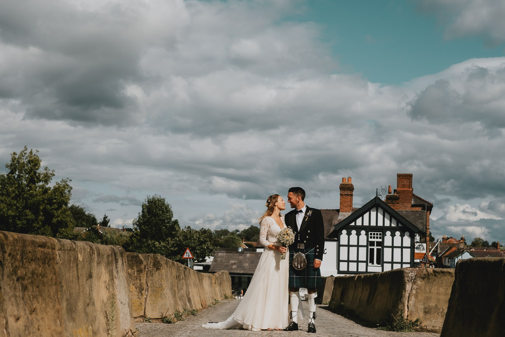 Bride Bridal V Beck Lace Long Sleeve Dress Gown Ribbon Belt Kilt Groom Dried Flower Wheat Bouquet Woodland Tipi Wedding Caroline Goosey Photography