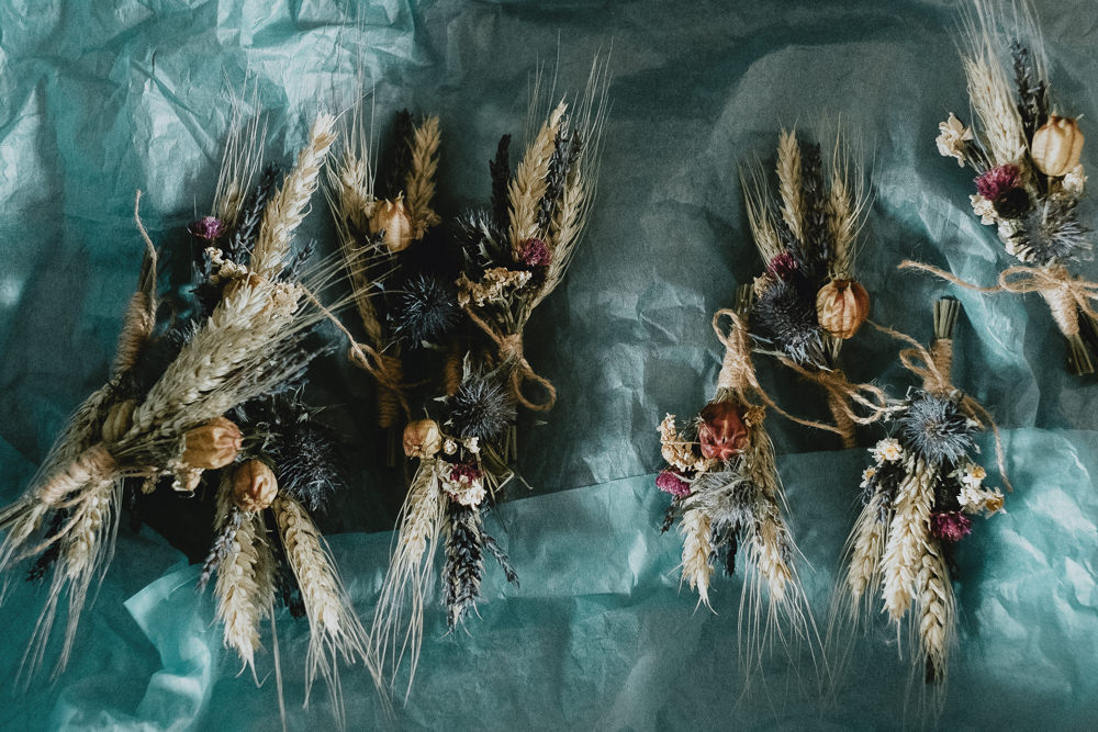Dried Flowers Wheat Buttonholes Boutonnière Woodland Tipi Wedding Caroline Goosey Photography