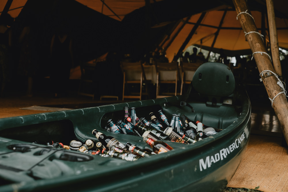 Canoe Beer Drinks Woodland Tipi Wedding Caroline Goosey Photography