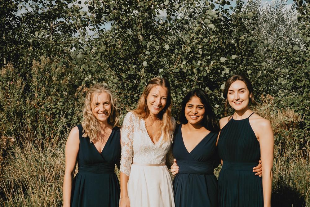 Bride Bridal V Beck Lace Long Sleeve Dress Gown Ribbon Belt Mismatched Navy Bridesmaids Woodland Tipi Wedding Caroline Goosey Photography